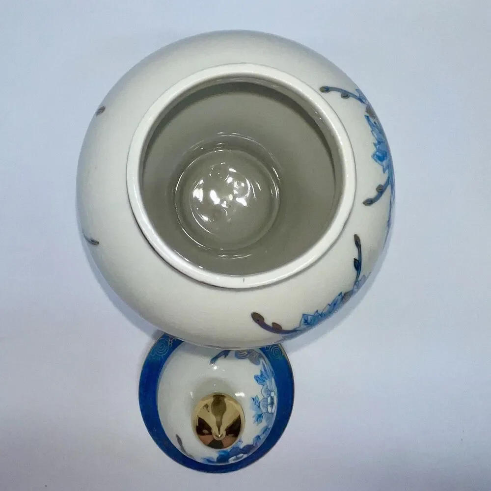 Vintage Heygill Imports Japan Peacock Ginger Jar Blue, wht & Gold Lidded-EXCL